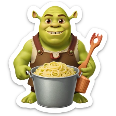 Shrek the green ogre holding a bucket full of carbonara pasta sticker