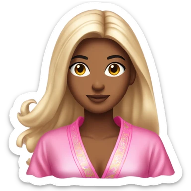 Tanned woman with long black hair wearing a silk pink Victoria’s Secret robe sticker