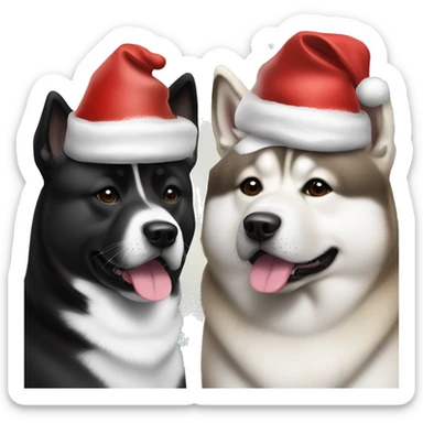 Two American Akita dogs one black and white and the other one fully black wearing Christmas hats sticker
