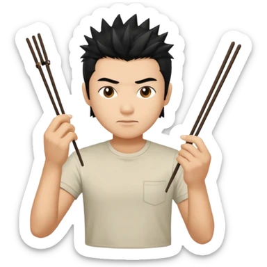 Make it a vietnamese male with spiky black hair holding only ONE pair of chopsticks in one hand, t-shirt. Please only ONE hand with chopsticks sticker