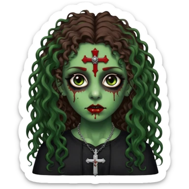 Zumbi verde com olhos castanhos aspecto de que tá sangrando, com cabelo marrom cacheado longo um piercing do lado esquerdo do nariz, roupa preta e crucifixo como colar, e também delineador  sticker