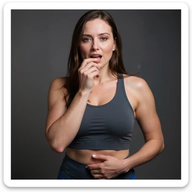 Realistic style woman in sportswear inspired by the reference photo, with one hand on her mouth and the other on her belly, indicating reflux, with a burning expression, neutral background. sticker