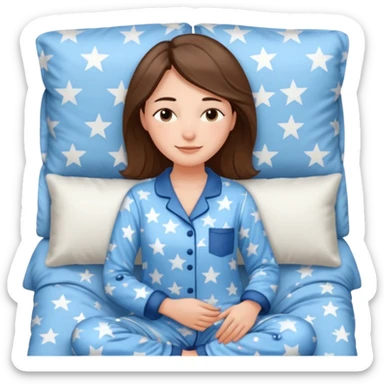 {
      "type": "human",
      "look": "woman in star-print pyjamas, soft blue set, sleepy smile",
      "description": "a woman in soft blue star-print pyjamas smiling sleepily"
    } sticker