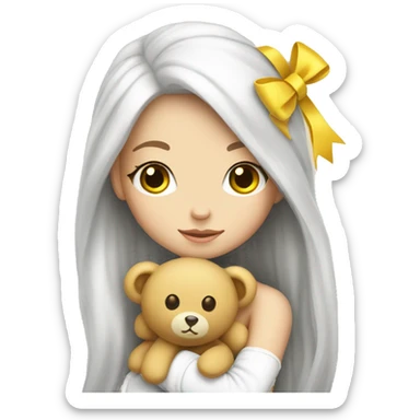 cute white doll, with yellow bow in her hair, long straight hair, hugging a Teddy bear sticker