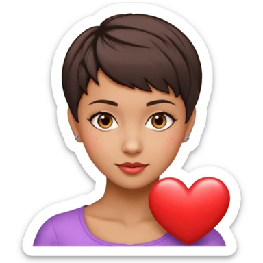 woman pixie cut dark brown hair, tan skin, brown eyes, heart shaped face sticker