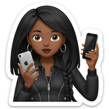 influencer girl black long haired, phone in hand, recording herself, confident, trendy, sticker