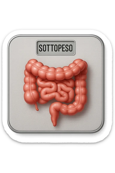 bilancia pesapersone con la scritta "SOTTOPESO" SUL DISPLAY, INTESTINO UMANO SULLA BILANCIA, stile emoji iphone, iperrealistico 4k sticker
