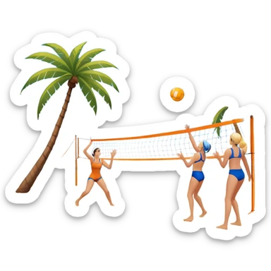 A volleyball resting on the orange sand of a beach, with a volleyball net in the background. The scene includes a beautiful beach landscape with blue sea, sky, and palm trees, while a couple of women in swimsuits play in the distance, capturing the relaxed yet competitive vibe of beach volleyball. sticker