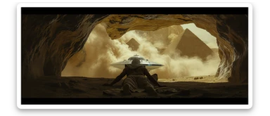 cinematic still, documentary photography, acient egypt, back shot of a man dress in ancient clothes in cave (frame in frame effect) on ground laying front of small ufo starship, sand flying around, palms, dynamic scane, leading lines, captured by arri alexa, depth layers, piramids in babckground sticker