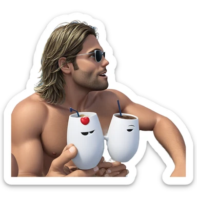 boy holding cup by ocean sticker