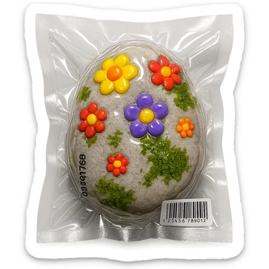 light gray stone with small colorful flowers and green moss, glossy and puffy sticker