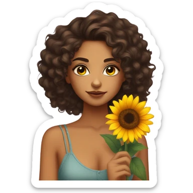 Pretty tan skin Latina with long dark curly hair . Very pretty cat eye makeup . Shes holding a sunflower in her hand  sticker