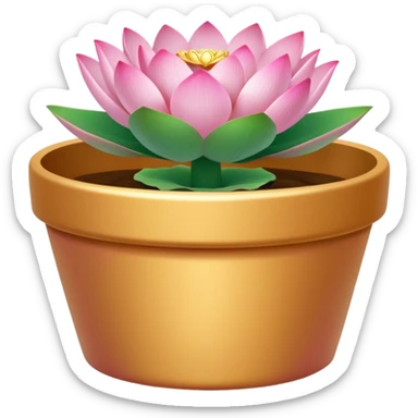 Gold-colored ceramic flower pot; it is shallow and cylindrical, and contains a lotus flower plant.
 sticker