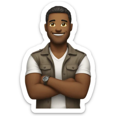 Proud man with his hands crossed, smile on his face, and a swag sticker