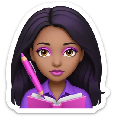 Une fille noir au cheveux lisse qui est entrain d’écrire avec un stylo rose sur un cahier violet cheveux long et lisse avec des jolis yeux et un beau makeup sticker
