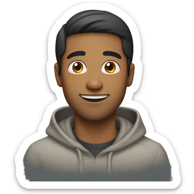 Brown man with straight hair and no facial hair and happy with hoodie sticker