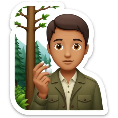 Guy in woods holding a pill sticker