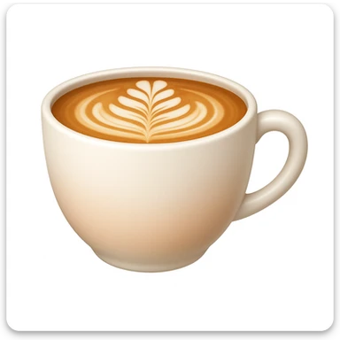 Create a cappuccino cup emoji exactly like the reference image but without the face. The cup should be white with latte art on top, smooth and shiny, with a slight blush added to the cup, in the style of iOS emojis. sticker