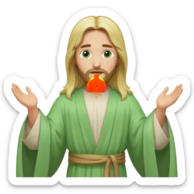 Jesus, green eyes, long blonde hair, light green wide, flowing outer robe. opening arms, gazing thoughtfully. Soft light, subtle fern. Waist-up, profile. sticker