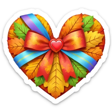 heart with autumn leaves, rainbow bow with heart pattern on the bow sticker