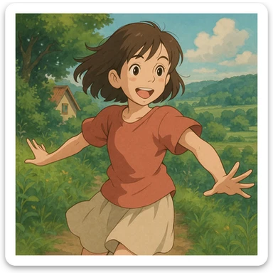 brunette girl acting, ghibli style sticker