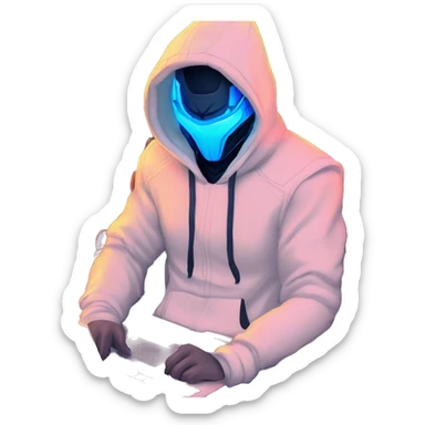 developer behind his laptop with this style : crysis Cyberpunk Riot Games Valorant neon glowing bright blue character blue black hooded assassin themed character sticker