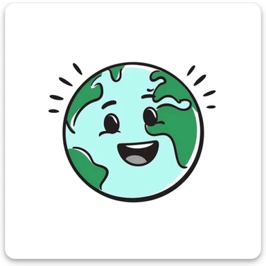 Restyle the glowing Earth loading icon to match the playful, hand-drawn look of the provided worldsmile.png reference. Keep the green and blue colors, add a friendly face, and make it look like an animated loading circle with a glowing effect in a hand-drawn doodle style. sticker