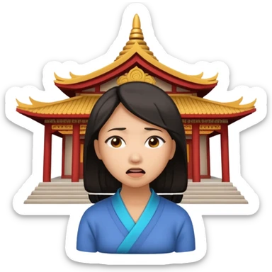 Asian woman agonizing over temple sticker