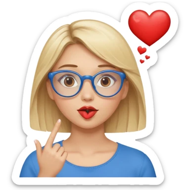 Blonde women with brown eyes, blue glasses, brown top, blowing a kiss with hearts around her.
 sticker