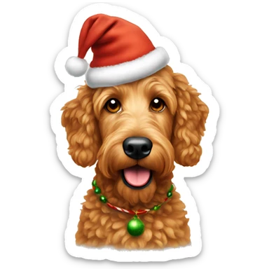 Golden Irish doodle dog wearing a Christmas hat sticker