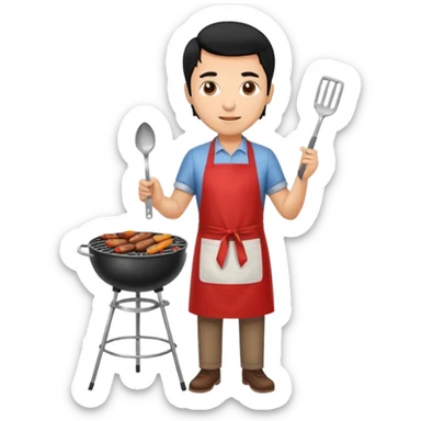 man cooking barbecue full-body black hair light brown skin sticker