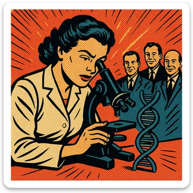 A 1950s female scientist making a DNA discovery using a microscope with other male scientists watching sticker