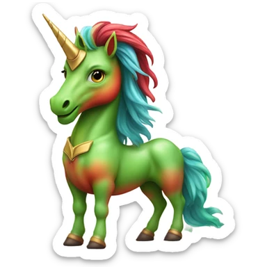 four-legged red unicorn a green amazon alien woman, on a unicorn sticker
