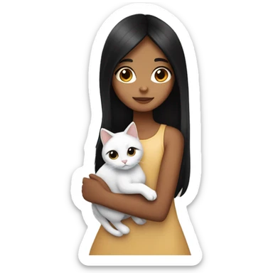 girl with very long black hair and caramel skin hugging a white cat sticker