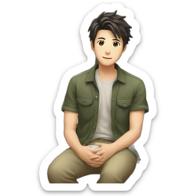 1boy, bishounen, casual, indoors, sitting, coffee shop sticker