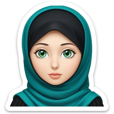 a girl wearing a black hijab and has green and blue eyes with another model of a hijab like a hijab but it's showing the neck sticker