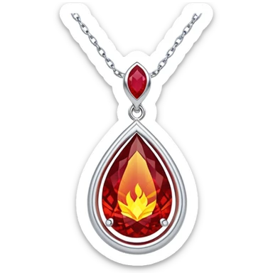 phoenix teardrop ruby pendant, deep red core with yellow ember edges, floating silver chain, pulsing rebirth glow sticker
