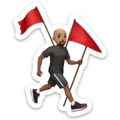 Bald black man with a white goatee in sneakers carrying a red flag sticker
