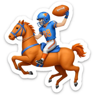 A bucking bronco wearing blue and orange wearing a football helmet with the number 88 sticker
