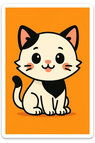 white kitten with black spots on its ears and a black patch around its mouth, cute cartoon style sticker