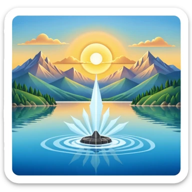 Please generate an image of a sunrise illuminating a lake with a huge water jet like that in the Geneva lake and some mountains in the background. sticker