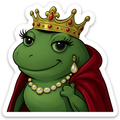 Make the drama queen frog more glamorous by adding sparkling gold jewelry, a jeweled crown, dramatic eyelashes, and a luxurious cape. Keep the bufo meme style with no background. sticker