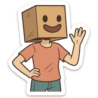 a person with a box on their head, the box has a big adorable smile, fun and whimsical style sticker