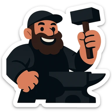 Create a Discord emoji of a cartoony blacksmith wearing medieval black clothing. Keep the style vibrant and suitable for Discord emoji with a transparent background. sticker