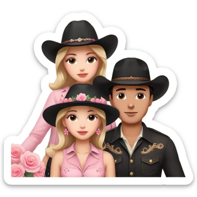 romantic scene, man with black cowboy hat, beautiful woman, Eiffel Tower, pink floral accents sticker