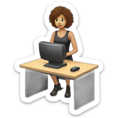 Woman with curly brown hair plays computer tanki sticker