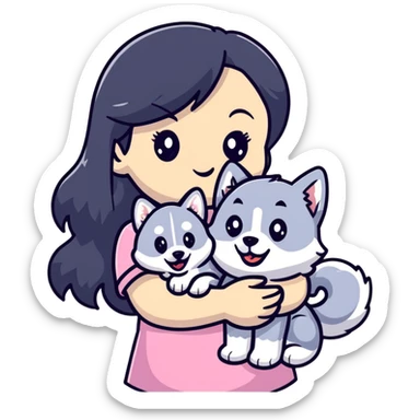 beautiful girl with long black hair holding a cute husky puppy sticker