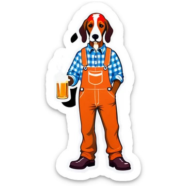 Hound dog in tangerine and white checkered overalls drinking whiskey sticker