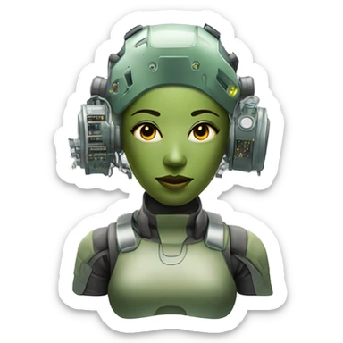 Olive green hair female cyborg head with respirator mask and circuits sticker