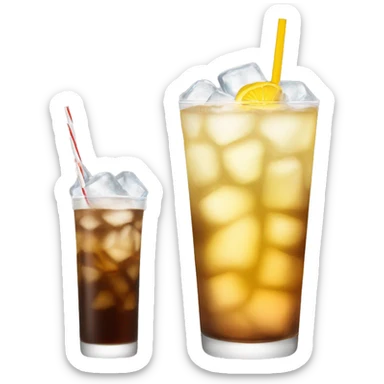a tall and thin highball cocktail with 2 colors, brown on the bottom and light yellow on top with crush ice and a straw sticker